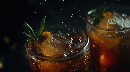 Exquisite shot of kombucha with vibrant colors, bubbles, and fresh garnishes against a sophisticated dark backdrop.