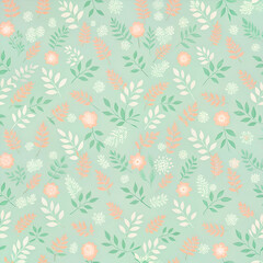 Delicate Floral Pattern. Pastel Green and Peach Seamless Design