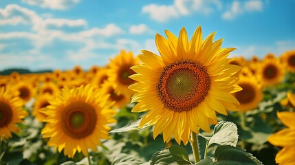 Sunflower Field Blooms Under Sunny Skies, Summer Day at Agricultural Farm Landscape