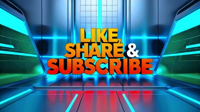 Like, share and subscribe in modern interface, Shiny neon background, Like Share Subscribe button appearing in the screen for video editing, modern sleek interface in neon classic color with blue line