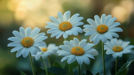 Fototapeta premium Daisy Flowers Bloom in Garden During Daytime, Showcasing White Petals and Yellow Centers