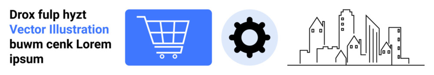 Blue shopping cart, black gear wheel, and line-art city skyline representing commerce, settings, innovation, technology, infrastructure, urban planning, and simple landing page