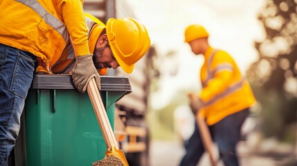 Community Cleanup: Dedicated workers in safety vests and helmets diligently clean up a street, demonstrating commitment to their community in a photorealistic scene.