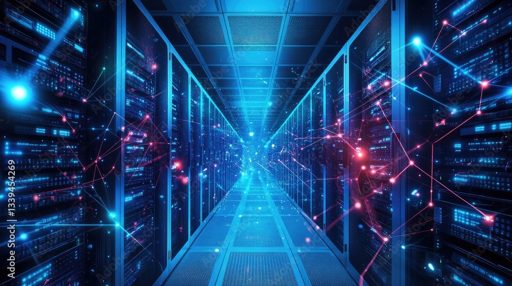 Poster a data center filled with high-speed networking equipment and cloud servers.
