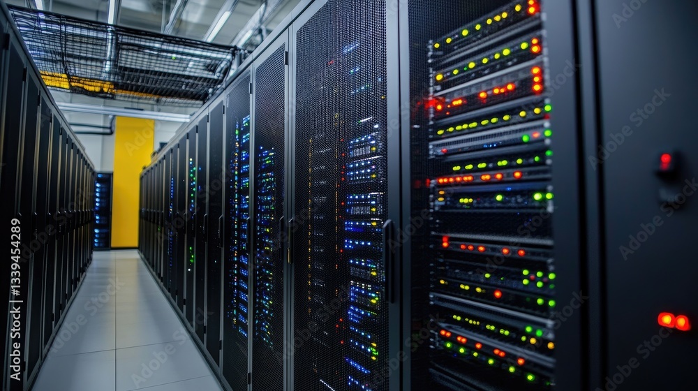 Poster a data center filled with high-speed networking equipment and cloud servers.