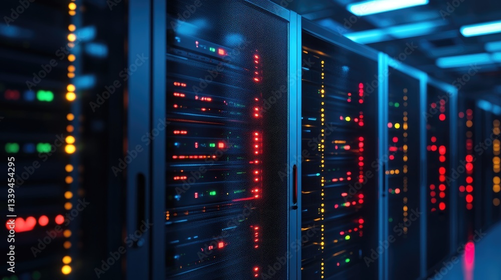 Poster a data center filled with high-speed networking equipment and cloud servers.
