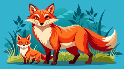 Red fox, vulpes vulpes, adult fox with young