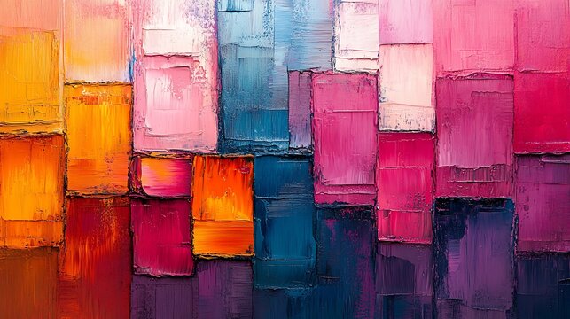 Colorful abstract oil painting featuring a mosaic of rectangular shapes