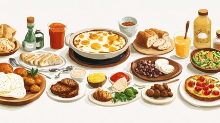 A vibrant assortment of various breakfast dishes are arranged beautifully