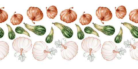 Watercolor seamless border with pumpkins and leaves