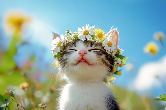 Cute baby cat manx wearing feral flower circlet on its head. Sunny daylight. Summertime happiness. Cheerful cat in nature. Happy cat playing in the sun. Summer adventure with a pet.