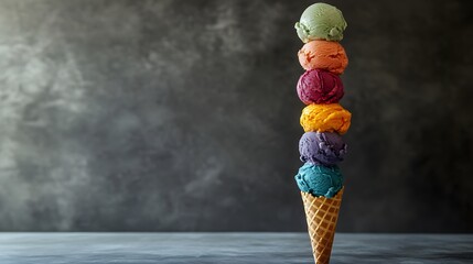 Colorful Ice Cream Scoops Stacked High In A Waffle Cone