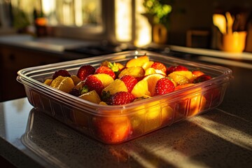 Naklejka premium A container of fresh fruit salad with strawberries, orange slices, and pineapple chunks sitting on a kitchen counter in the sunlight, ready to eat.