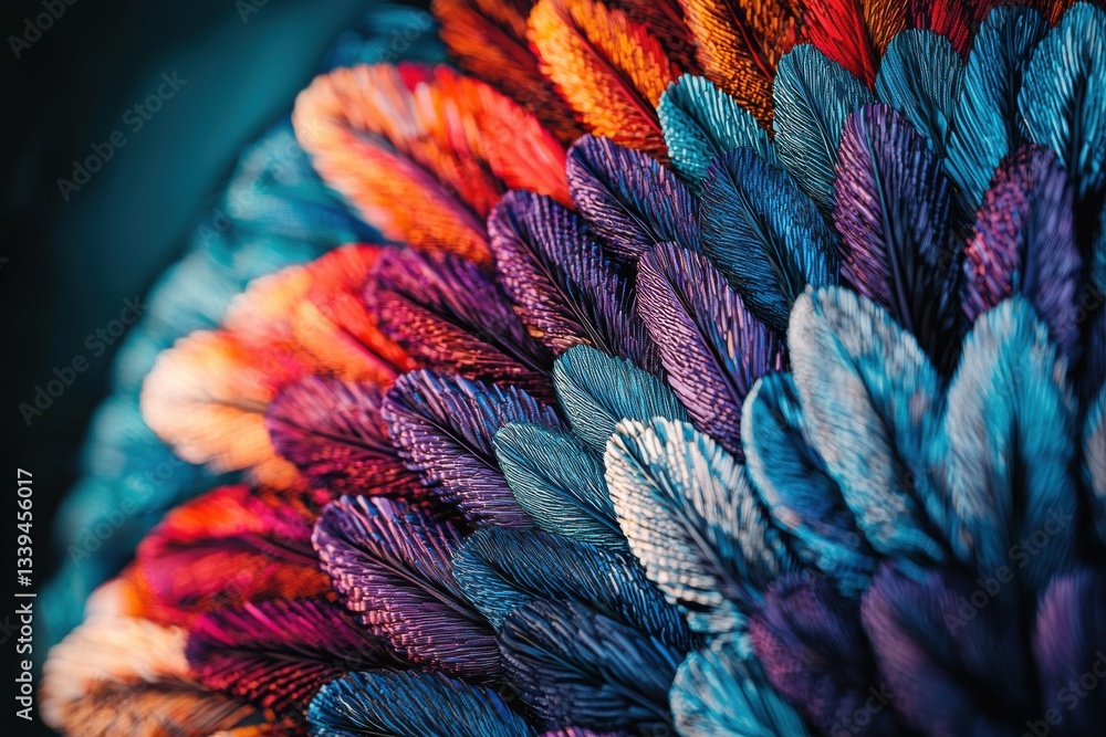 Poster a vibrant display of colorful feathers ranging from orange to blue, creating a textured abstract pat