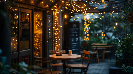 Fototapeta premium Cozy outdoor caf? scene adorned with twinkling fairy lights, inviting ambiance, and empty tables