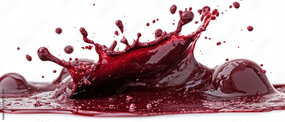Poster dynamic splash of dark red liquid creating abstract shapes against a clean white backdrop in a studi