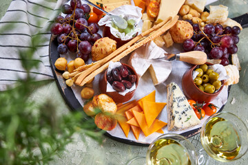 A view from above through the greenery of a large round Charcuterie Board and glasses of white wine on a green table