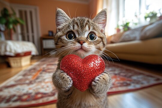 Ragamuffin - my cherished cat, symbol of care. Cute ragamuffin kitty cub with sparkling rhinestones red heart at cozy quarters. Ad companion concept pattern artwork. Cat friendship vibes.