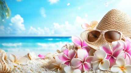 Summer Vacation Paradise: Beach Scene with Sunglasses and Hat