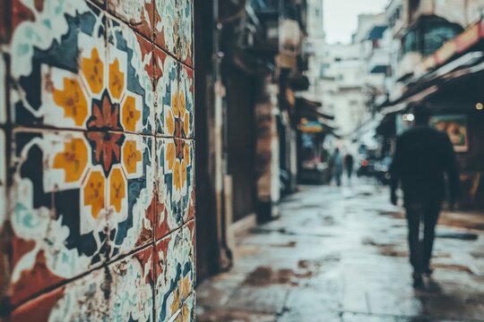 Exploring a narrow street in a historic city with focus on traditional, colorful tilework on a building wall, person walks in the rain. - Powered by Adobe