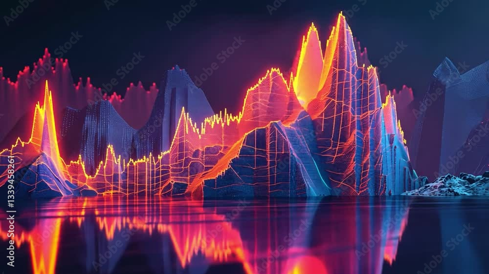 Poster colorful digital landscape visualization analyzing data trends with vibrant peaks and valleys in dyn