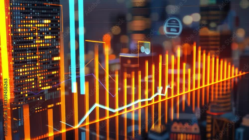 Poster modern urban skyline financial data analytics and technology trends in vibrant graph visualizations 