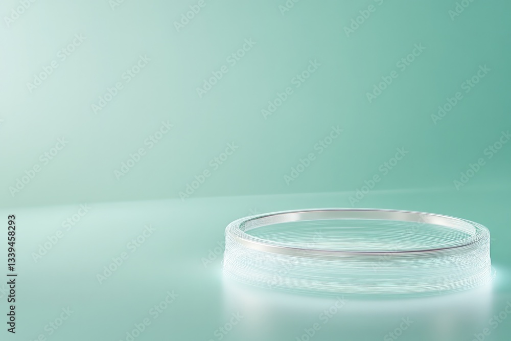 Poster modern 3d design of platinum bracelet resting on transparent floating platform encased in abstract g