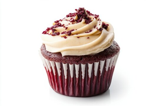 Delicious red velvet cupcake with creamy frosting and red sprinkles on a bright white background creating a sweet and tempting dessert photography