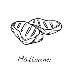 Hand-drawn black and white vector illustration of grilled Halloumi cheese slices. Vintage engraving-style, perfect for food packaging, restaurant menus, and dairy product branding