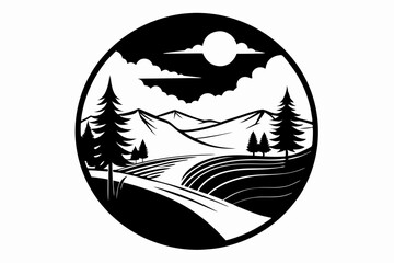 landscape silhouette circle icon line art silhouette vector illustration