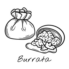 Hand-drawn black and white vector illustration of burrata cheese with a soft, creamy center. Vintage engraving-style, perfect for food packaging, restaurant menus, and dairy product branding