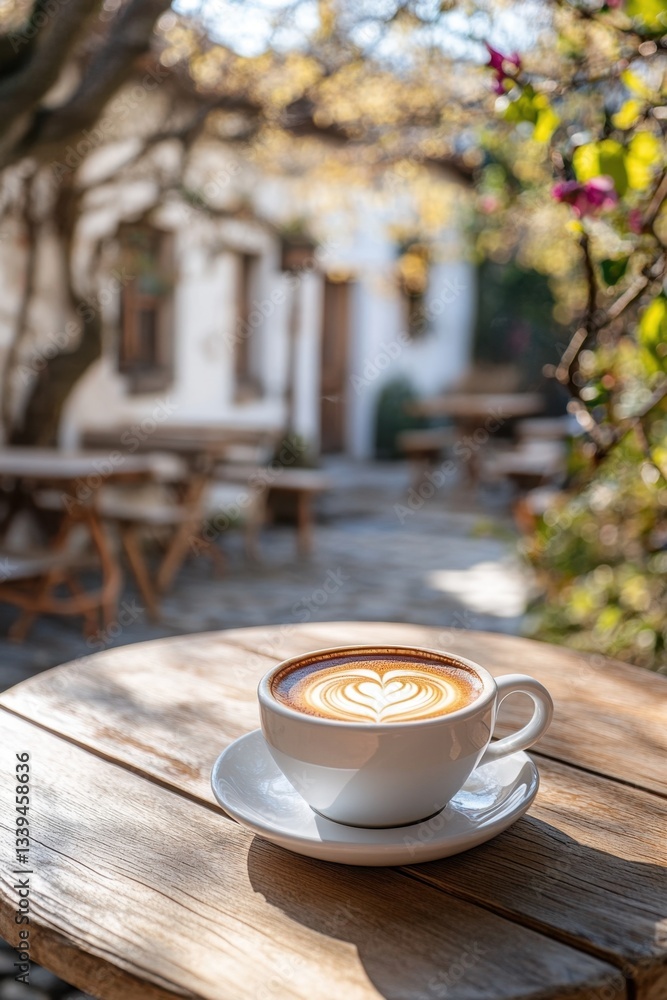 Poster heartwarming latte art on wooden table in sunlit cafe courtyard with blooming flowers and rustic arc