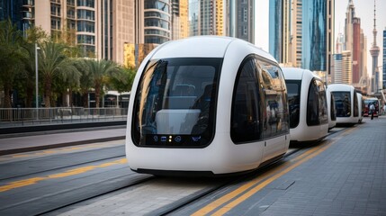 A sleek, modern transportation system glides along tracks in an urban setting, surrounded by tall buildings and greenery.