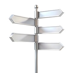 Obraz premium A directional sign with blank white arrows on a metallic pole, featuring a minimalist design and a clean white background, representing guidance and decision points