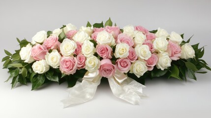 A floral masterpiece of pink and white roses, tied with a luxurious ribbon and nestled among fresh green leaves.