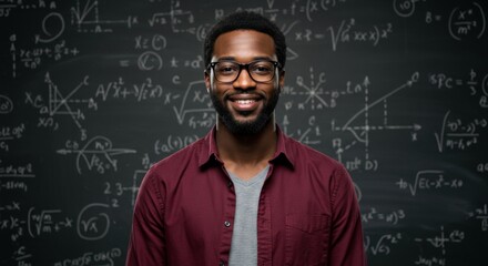 Photo of a young African American man standing in front of a blackboard filled with complex mathematical equations and diagrams