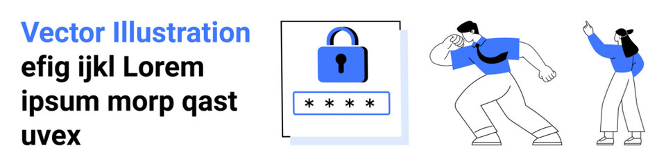 Lock icon with password field emphasizing security, accompanied by two dynamic people. Ideal for security, privacy, authentication, digital safety, access control, data protection, simple landing
