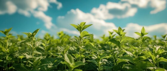 Obraz premium Lush green field of mint plants under a bright blue sky with fluffy white clouds on a sunny day