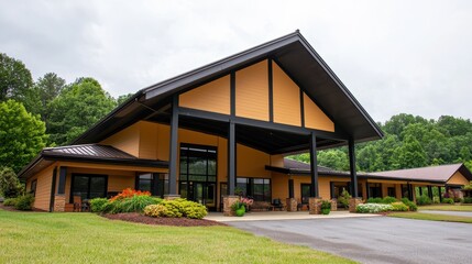 A modern, spacious building with a striking roof design, surrounded by greenery and colorful landscaping.