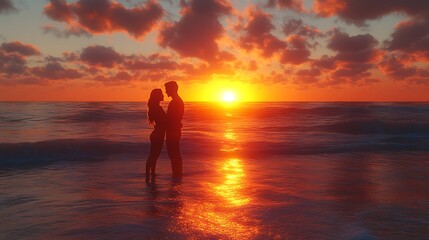 Fototapeta premium Couple silhouetted at sunset on beach.