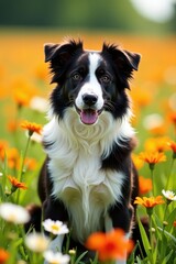 Border collie amidst vibrant blooming wildflowers, sunlit field , yellow, colorful