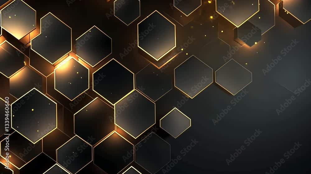 Poster abstract geometric background featuring a repeating hexagonal pattern, illuminated with golden highl