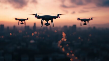 Three drones flying over a city skyline during sunset, creating a captivating technological scene with blurred urban lights in the background.