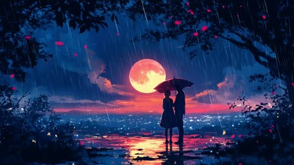 Romantic couple under umbrella in rain, city lights and big moon background, Seamless looping time lapse animation video background.