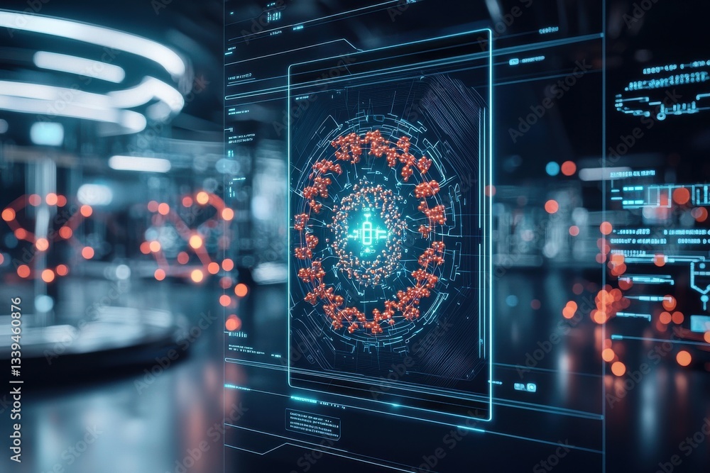 Poster a futuristic interface displaying a complex network of orange nodes and blue connections, symbolizin