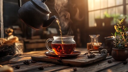 A close-up of Turkish tea being poured from a teapot