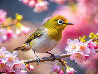 Beautiful small Japanese white eye bird on a Japanese cherry blossom tree branch. the bird sitting on cherry blossom branch.