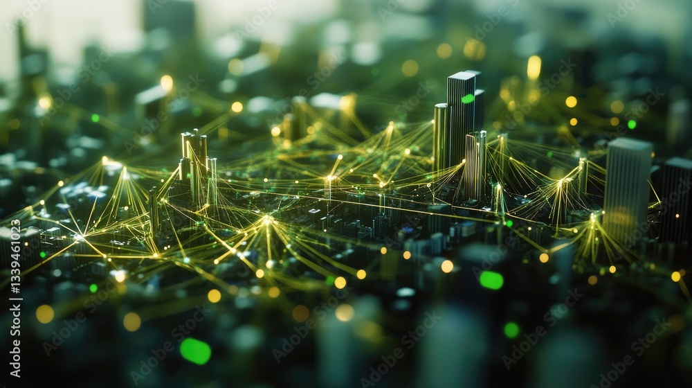 Poster a futuristic d model of business networking with interactive communication channels.