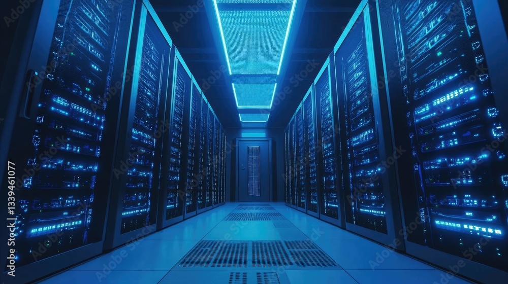 Poster a futuristic d rendering of interconnected server racks in a data center.