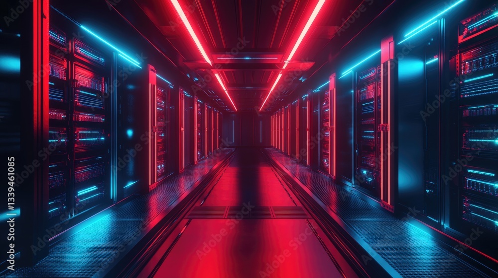 Poster a futuristic d rendering of interconnected server racks in a data center.